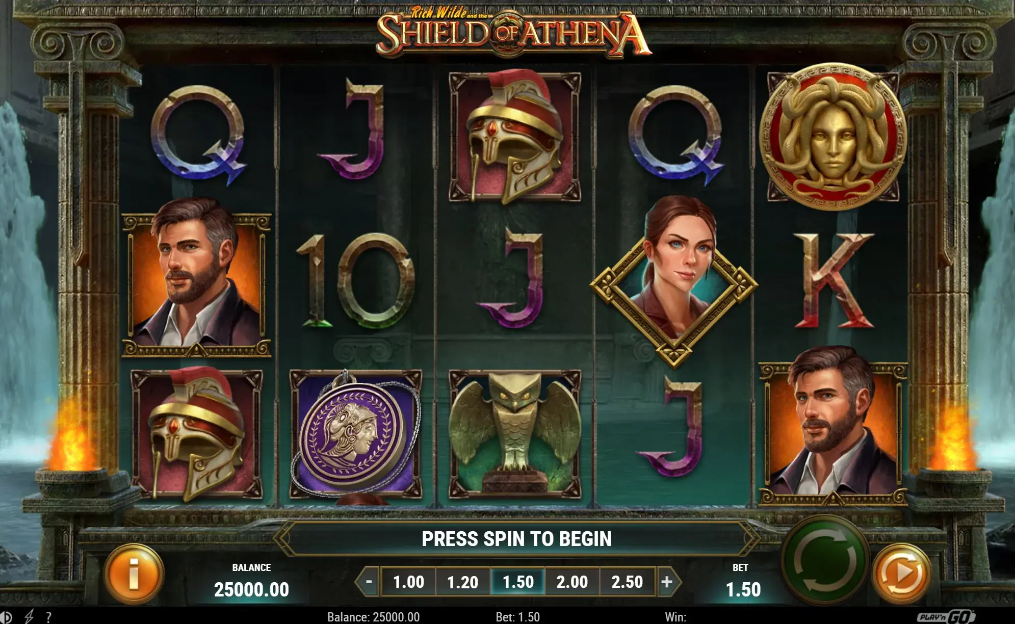 Shield of Athena base game grid showing 5×3 layout with characters, helmet, owl and Athena coin symbols