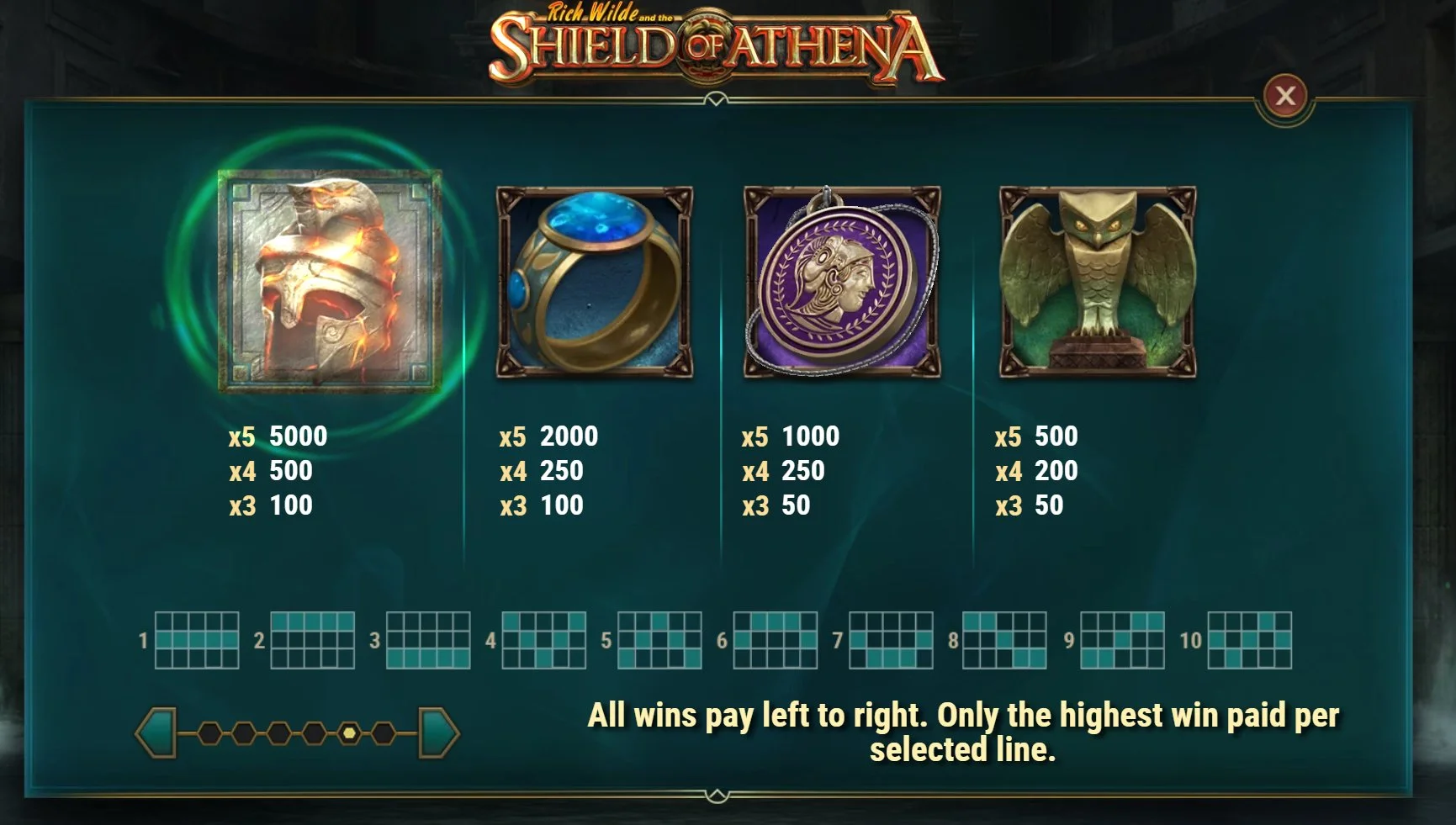Shield of Athena high-paying symbols including the Helmet, Ring of Wisdom, Athena Coin and Golden Owl