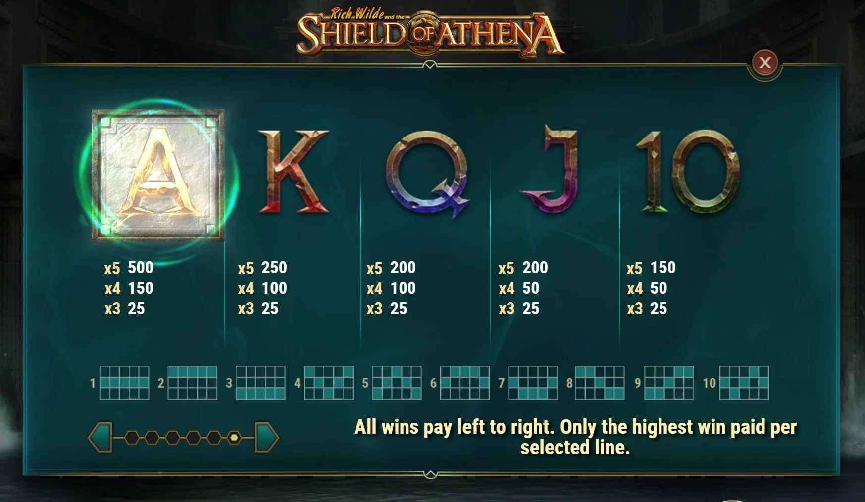 Shield of Athena low-paying card royal symbols A, K, Q, J, 10 carved in colored stone
