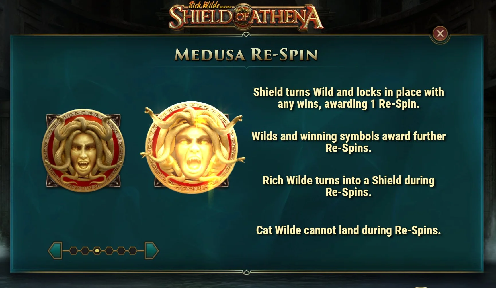Medusa Re-Spin feature explainer showing the Shield turning Wild and locking in place for a free respin