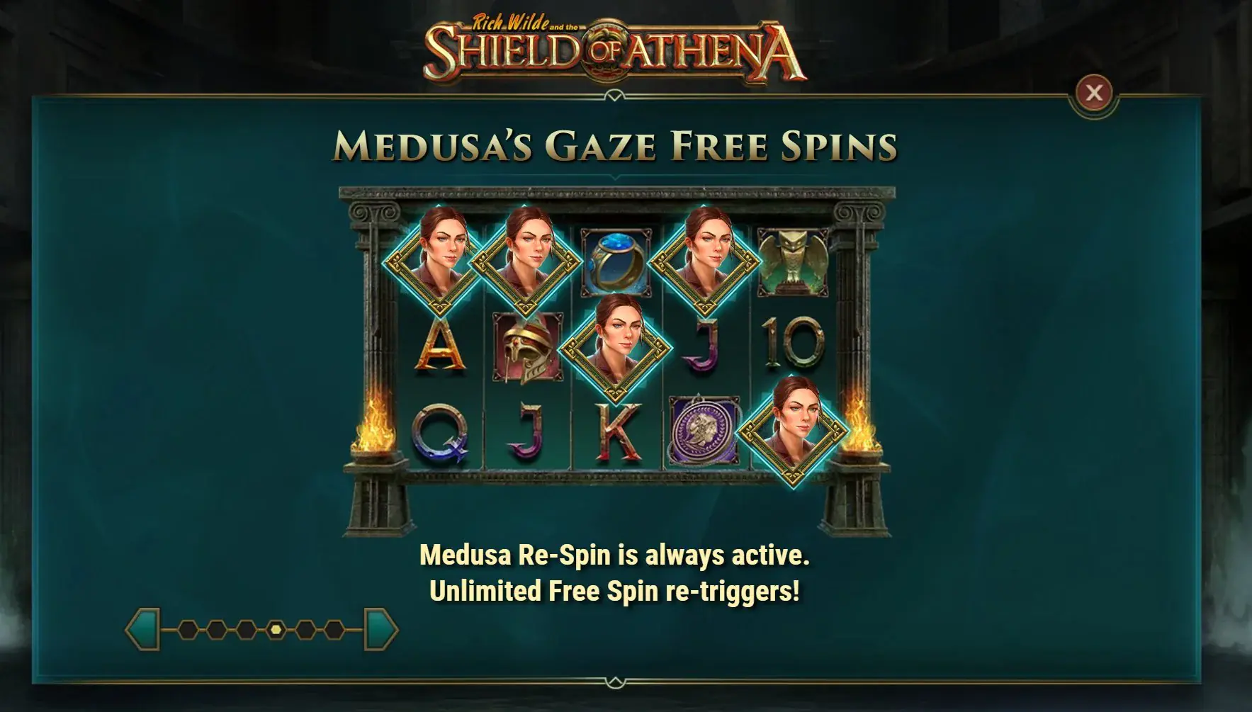 Medusa's Gaze Free Spins screen showing 5 Cat Wilde scatters across the grid triggering the bonus round