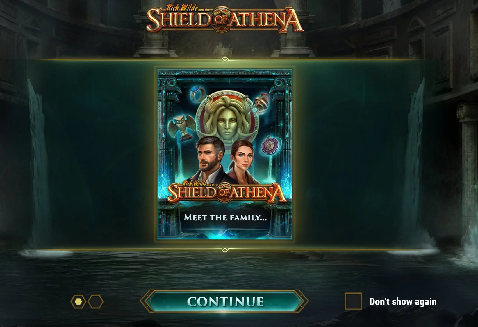 Rich Wilde and the Shield of Athena splash screen featuring Rich and Cat Wilde under the Medusa shield