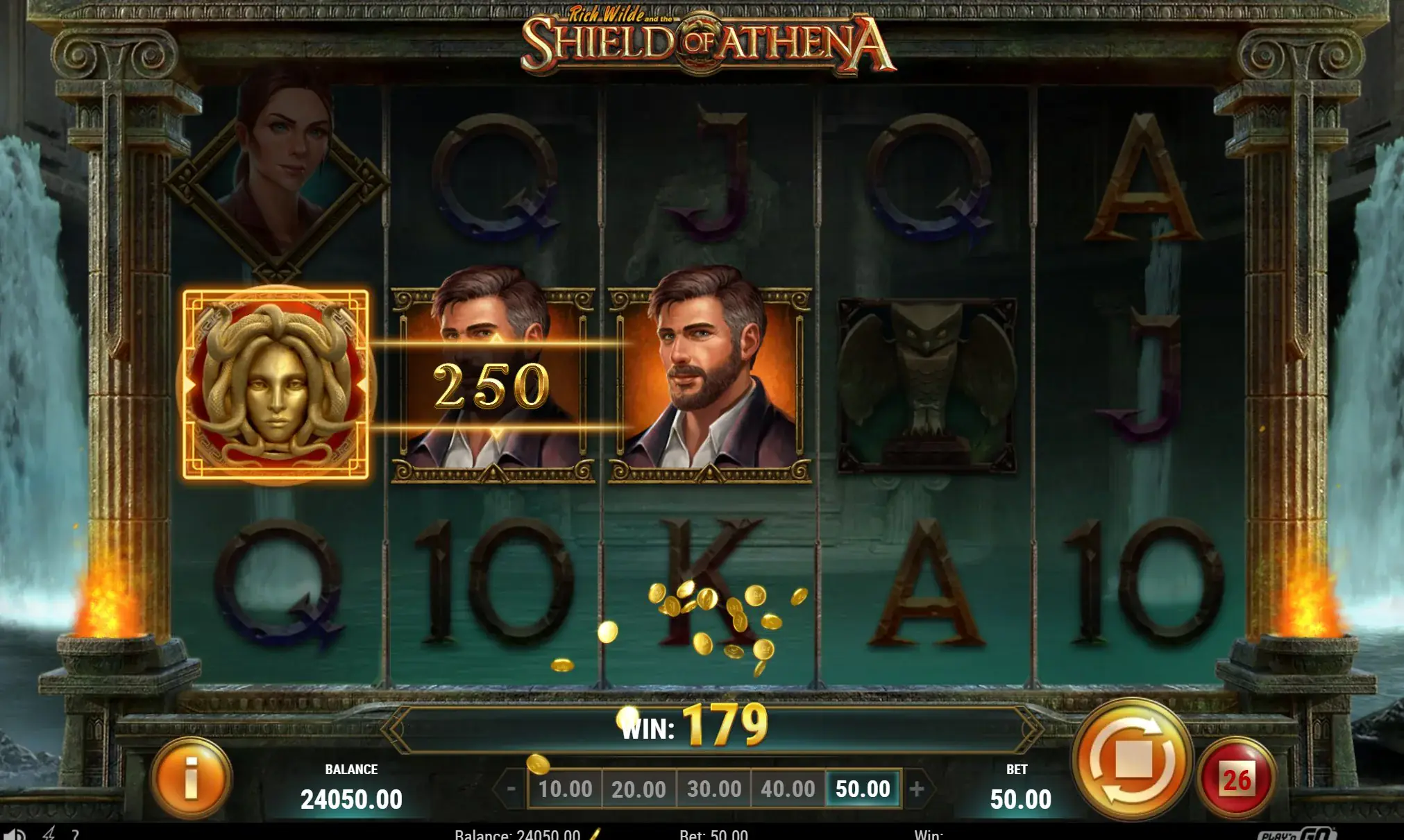 Shield of Athena win animation displaying a 250 coin payout from a Medusa shield combination on the leftmost reel